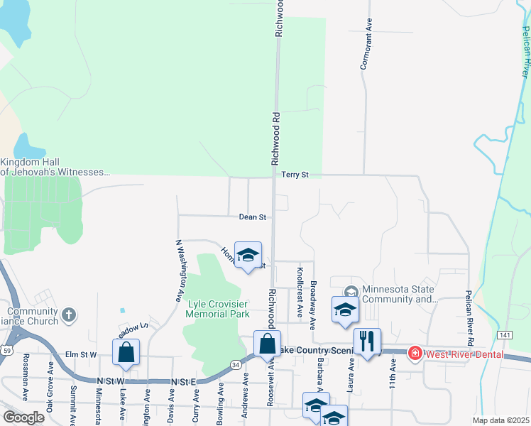 map of restaurants, bars, coffee shops, grocery stores, and more near 704 Richwood Road in Detroit Lakes