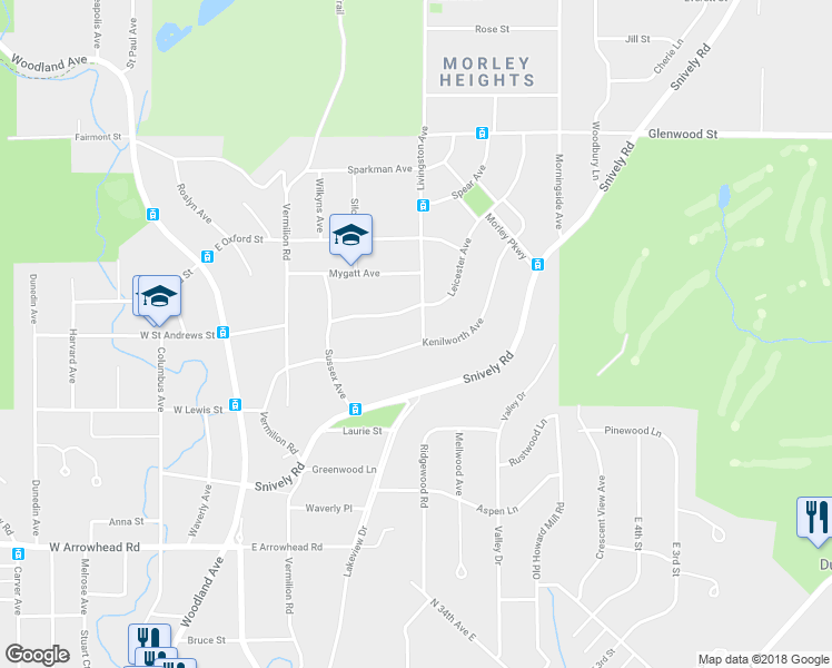 map of restaurants, bars, coffee shops, grocery stores, and more near 365 Kenilworth Avenue in Duluth