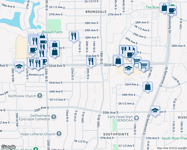 map of restaurants, bars, coffee shops, grocery stores, and more near 3270 20th Street South in Fargo