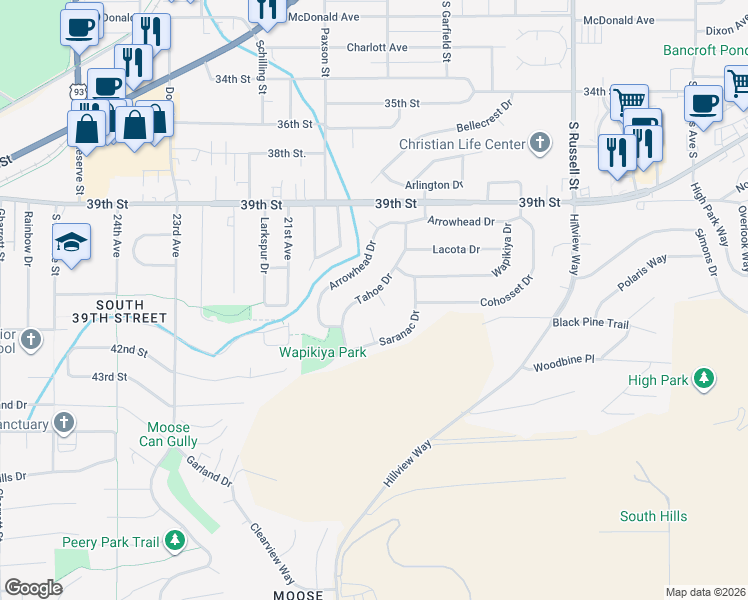 map of restaurants, bars, coffee shops, grocery stores, and more near 117 Tahoe Dr in Missoula