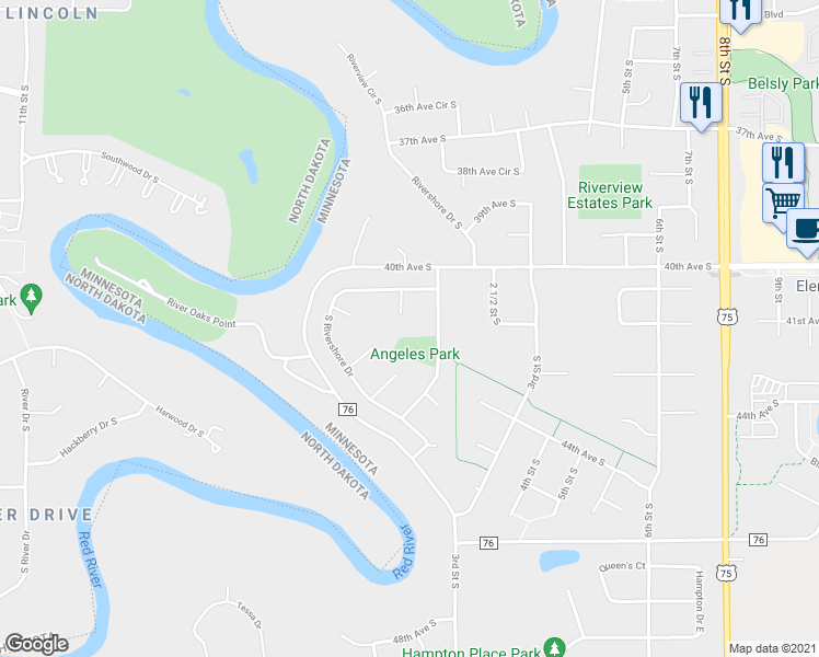 map of restaurants, bars, coffee shops, grocery stores, and more near 4012 South Rivershore Drive in Moorhead