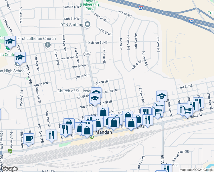 map of restaurants, bars, coffee shops, grocery stores, and more near 507 2nd Avenue Northeast in Mandan