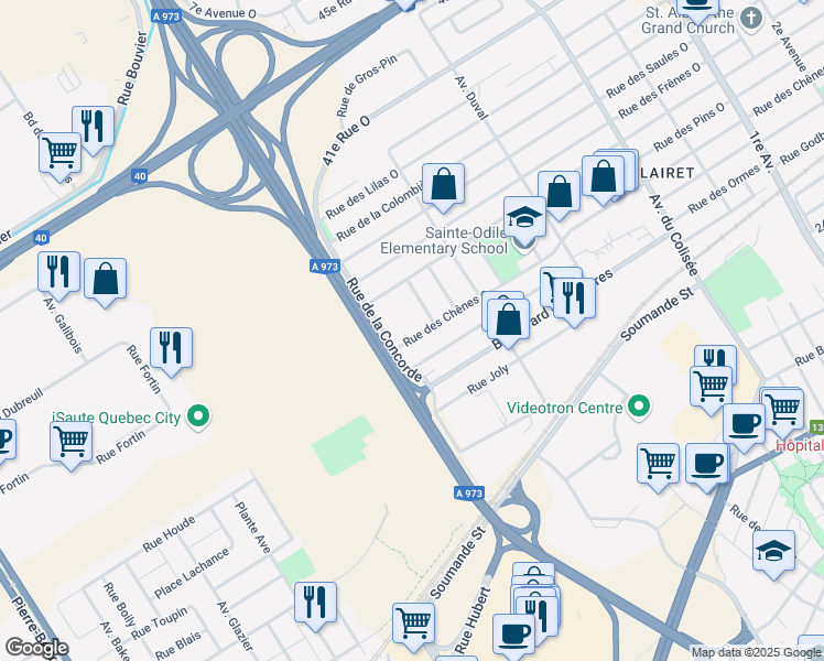 map of restaurants, bars, coffee shops, grocery stores, and more near 2820 Rue Émile Bouchard in Ville de Québec