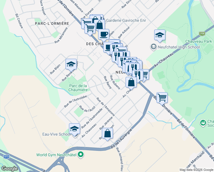 map of restaurants, bars, coffee shops, grocery stores, and more near 9145 Rue Rémy in Québec