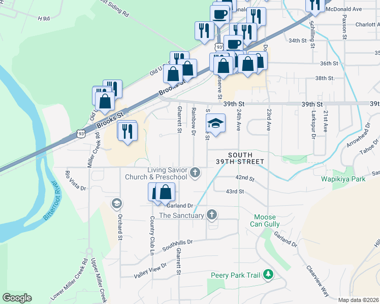 map of restaurants, bars, coffee shops, grocery stores, and more near 4319 Rainbow Dr in Missoula