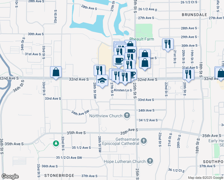 map of restaurants, bars, coffee shops, grocery stores, and more near 3233 27th Street South in Fargo
