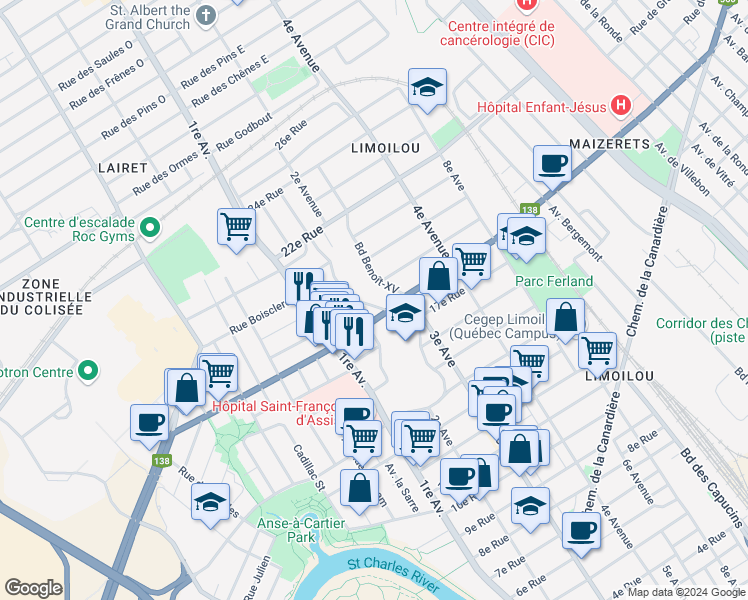 map of restaurants, bars, coffee shops, grocery stores, and more near 1870 Boulevard Cardinal-Villeneuve in Québec