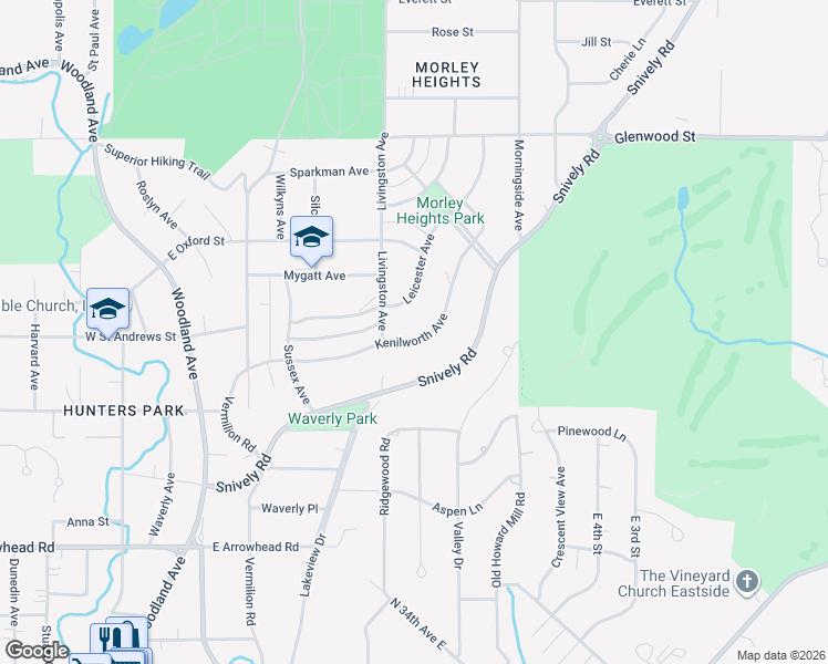 map of restaurants, bars, coffee shops, grocery stores, and more near 425 Kenilworth Avenue in Duluth