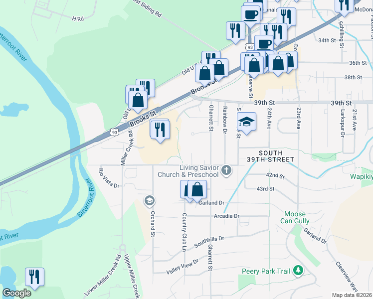 map of restaurants, bars, coffee shops, grocery stores, and more near 4321 Cold Springs Court in Missoula