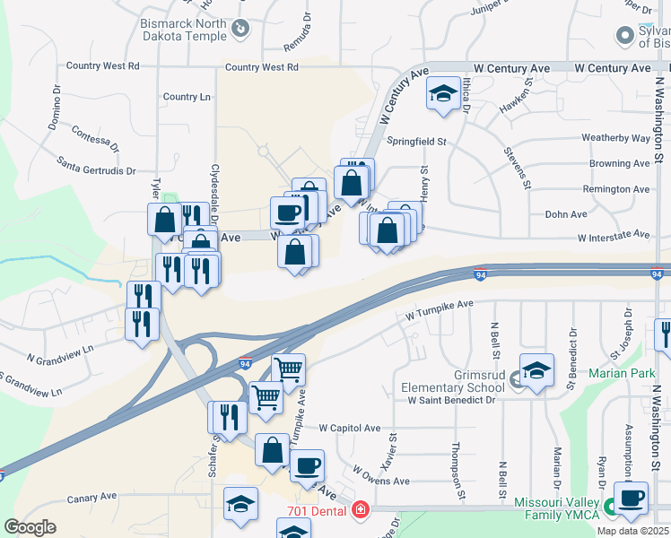 map of restaurants, bars, coffee shops, grocery stores, and more near 1129 West Century Avenue in Bismarck