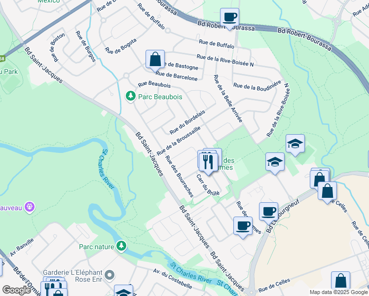 map of restaurants, bars, coffee shops, grocery stores, and more near 2898 Carré du Boisé in Ville de Québec