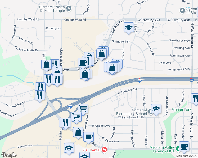 map of restaurants, bars, coffee shops, grocery stores, and more near 1129 West Century Avenue in Bismarck