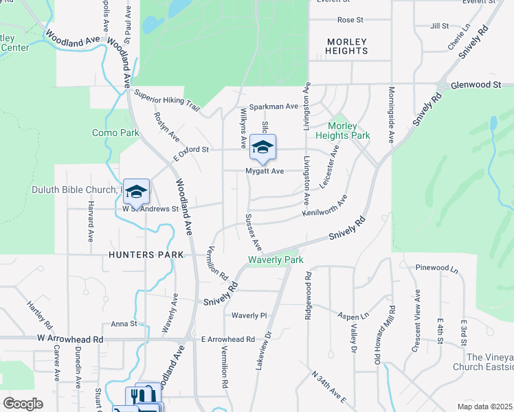 map of restaurants, bars, coffee shops, grocery stores, and more near 306 Leicester Avenue in Duluth