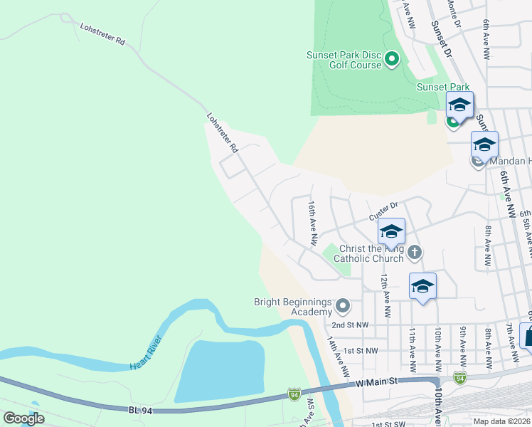 map of restaurants, bars, coffee shops, grocery stores, and more near 803 Bruce Drive in Mandan