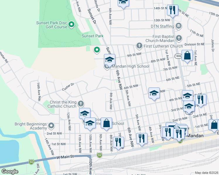 map of restaurants, bars, coffee shops, grocery stores, and more near 900 6th Street Northwest in Mandan