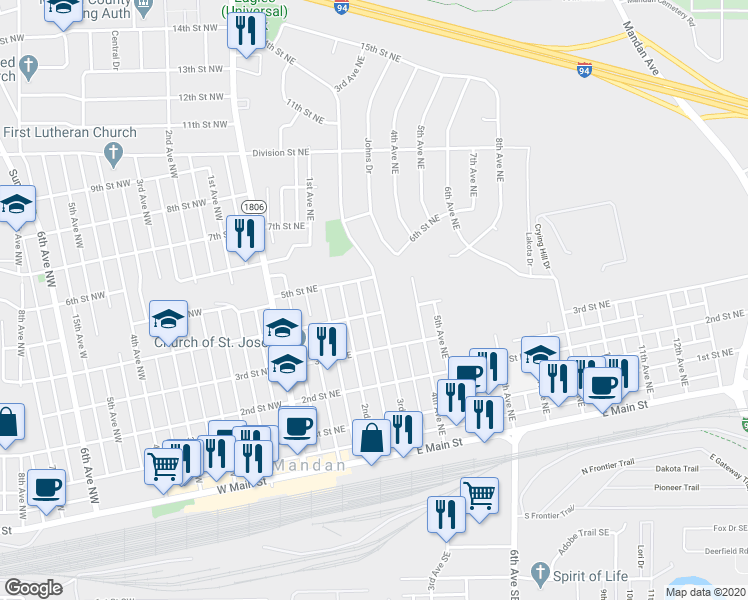 map of restaurants, bars, coffee shops, grocery stores, and more near 503 3rd Avenue Northeast in Mandan