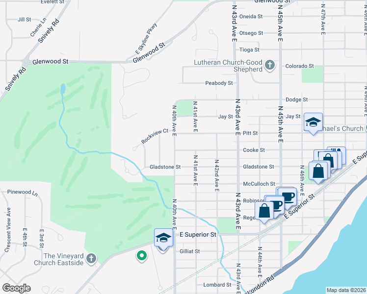 map of restaurants, bars, coffee shops, grocery stores, and more near 4013 Cooke Street in Duluth