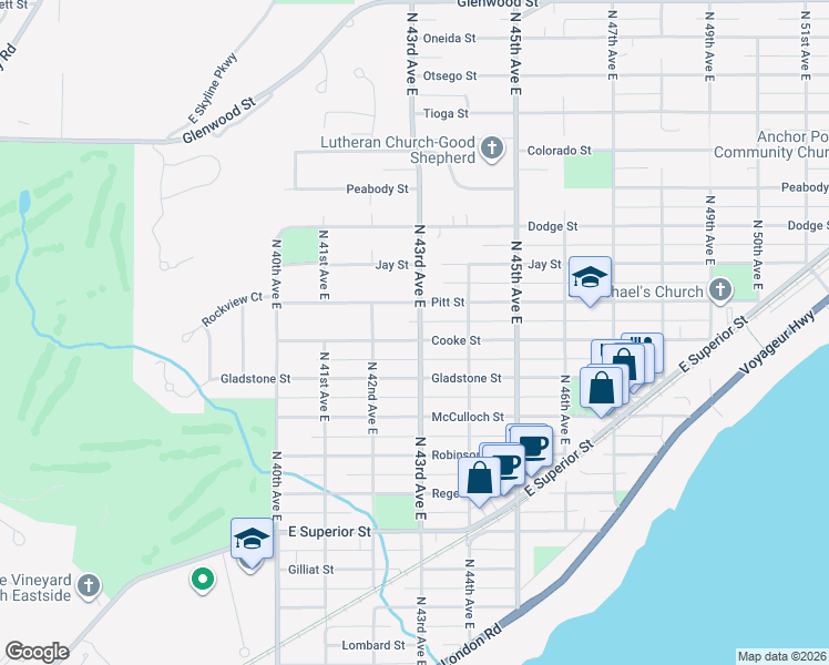 map of restaurants, bars, coffee shops, grocery stores, and more near 4229 Cooke Street in Duluth