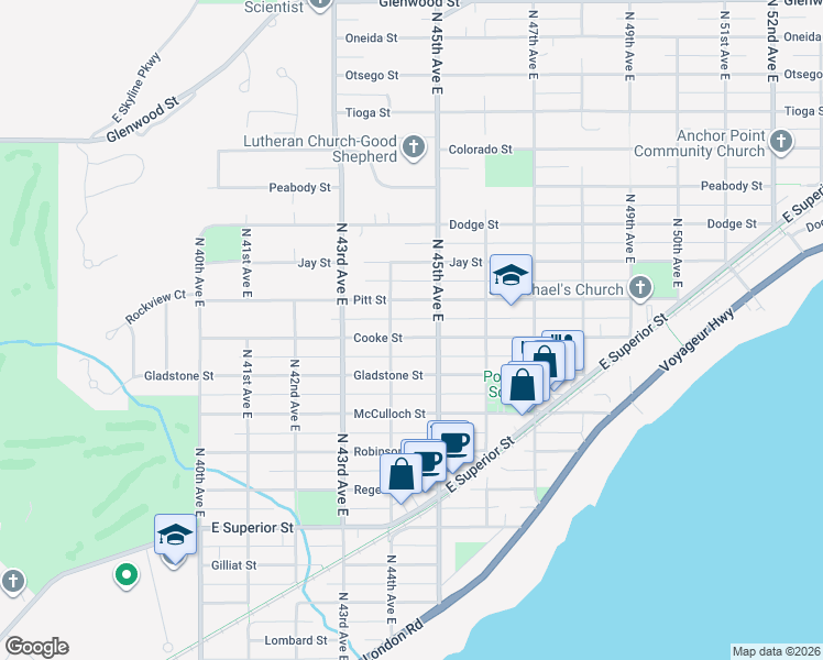 map of restaurants, bars, coffee shops, grocery stores, and more near 4415 Cooke Street in Duluth