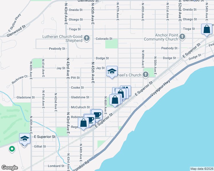 map of restaurants, bars, coffee shops, grocery stores, and more near 4601 Cooke Street in Duluth