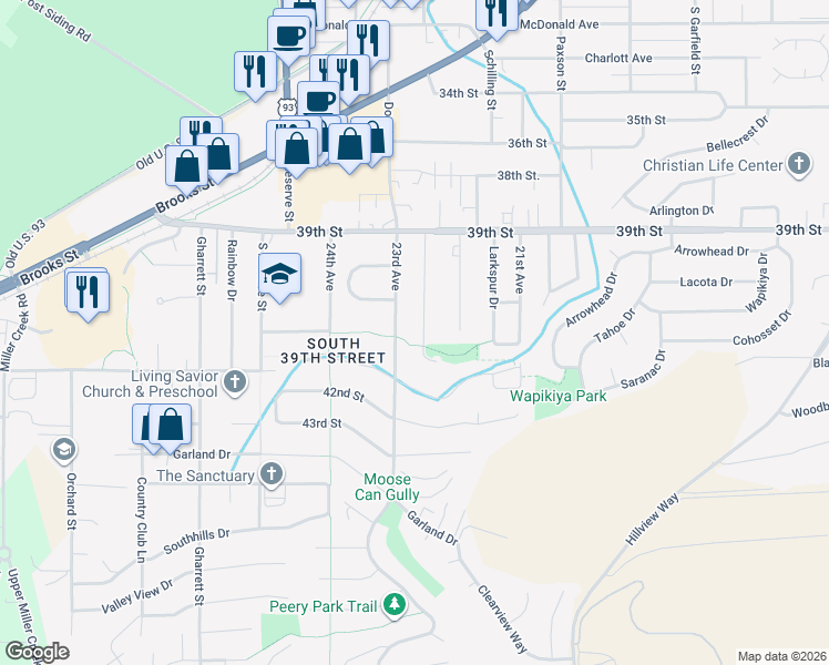 map of restaurants, bars, coffee shops, grocery stores, and more near 4321 Barbara Lane in Missoula