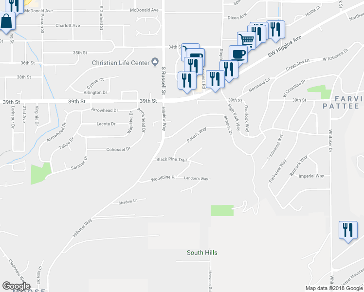 map of restaurants, bars, coffee shops, grocery stores, and more near 915 Polaris Way in Missoula