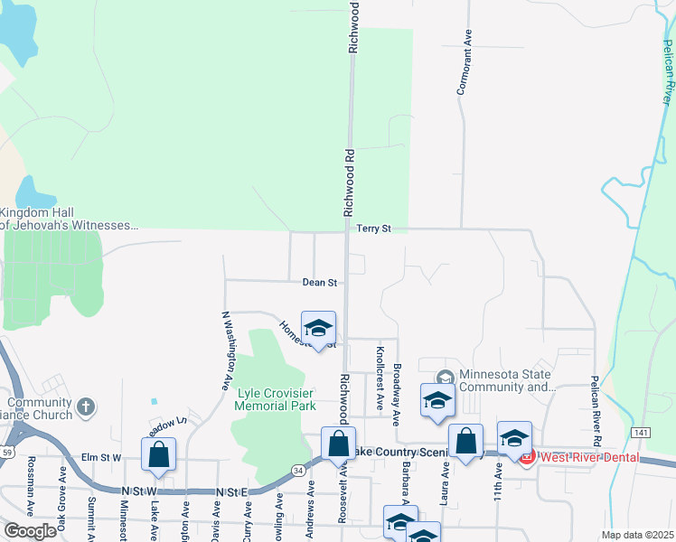 map of restaurants, bars, coffee shops, grocery stores, and more near 704 Richwood Road in Detroit Lakes