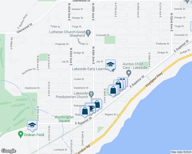 map of restaurants, bars, coffee shops, grocery stores, and more near 4505 Cooke Street in Duluth