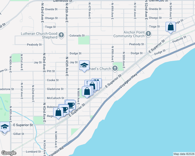 map of restaurants, bars, coffee shops, grocery stores, and more near 4721 Cooke Street in Duluth