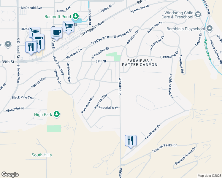 map of restaurants, bars, coffee shops, grocery stores, and more near 106 Rimrock Way in Missoula