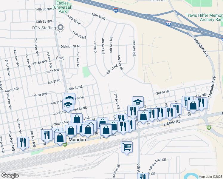 map of restaurants, bars, coffee shops, grocery stores, and more near 506 4th Street Northeast in Mandan