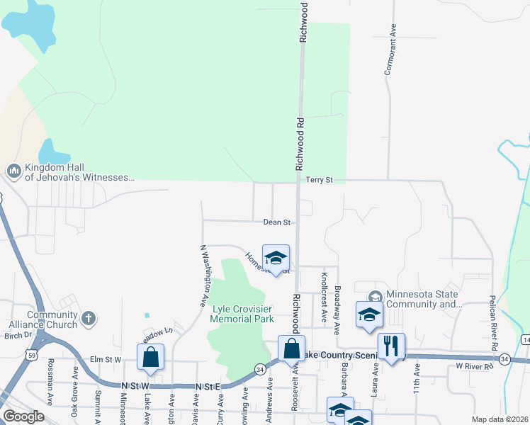 map of restaurants, bars, coffee shops, grocery stores, and more near 704 Andrews Avenue in Detroit Lakes