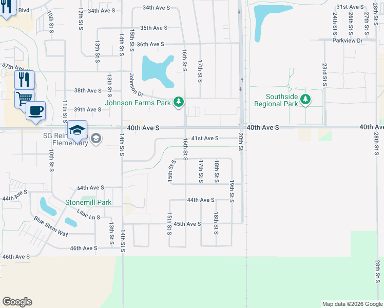 map of restaurants, bars, coffee shops, grocery stores, and more near 1610 42nd Avenue South in Moorhead