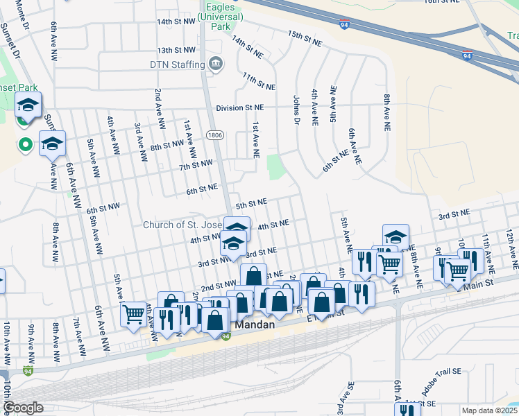 map of restaurants, bars, coffee shops, grocery stores, and more near 109 5th Street Northeast in Mandan