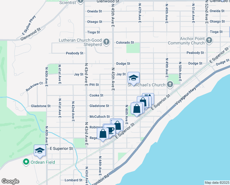 map of restaurants, bars, coffee shops, grocery stores, and more near 4501 Cooke Street in Duluth