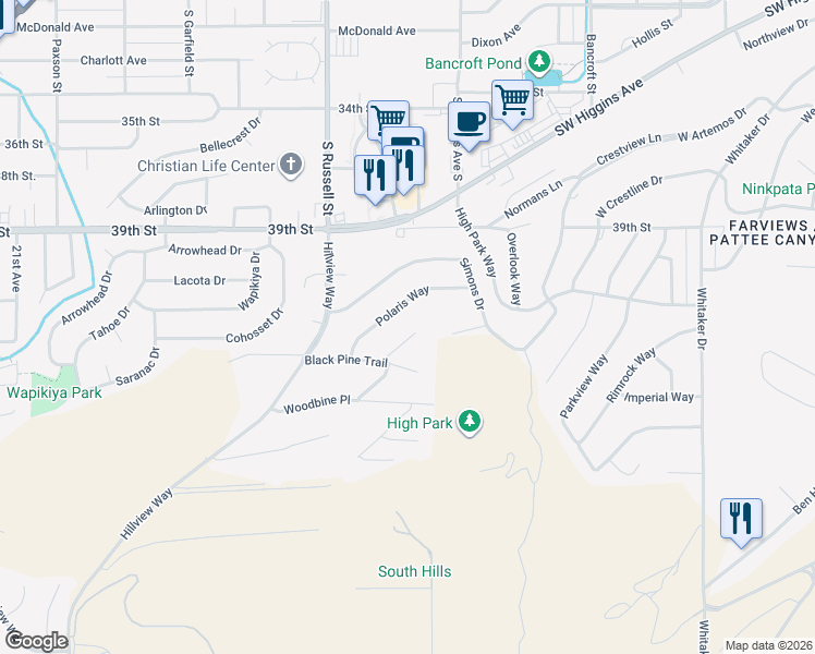 map of restaurants, bars, coffee shops, grocery stores, and more near 116 Bannack Place in Missoula