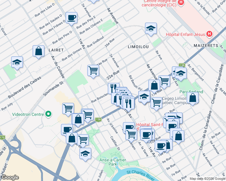map of restaurants, bars, coffee shops, grocery stores, and more near 2052 1re Avenue in Québec