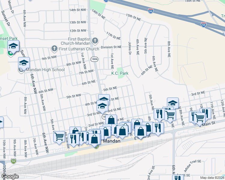 map of restaurants, bars, coffee shops, grocery stores, and more near 109 5th Street Northeast in Mandan