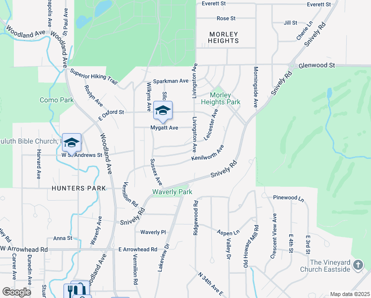 map of restaurants, bars, coffee shops, grocery stores, and more near 365 Kenilworth Avenue in Duluth