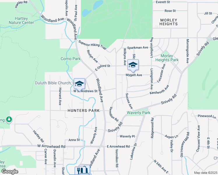 map of restaurants, bars, coffee shops, grocery stores, and more near 23 East Saint Andrews Street in Duluth