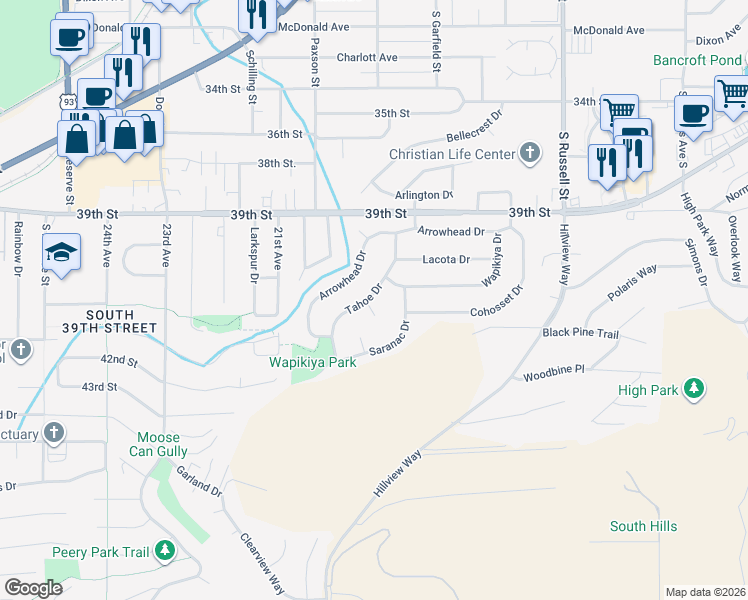 map of restaurants, bars, coffee shops, grocery stores, and more near 117 Tahoe Drive in Missoula