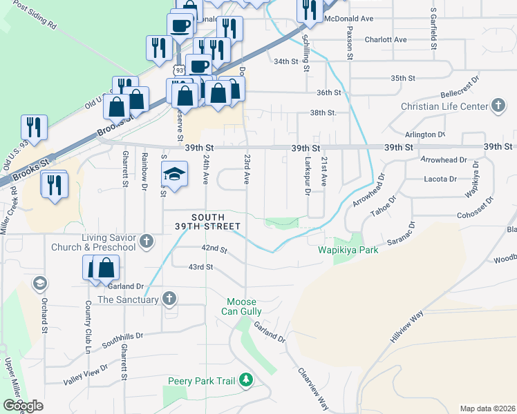 map of restaurants, bars, coffee shops, grocery stores, and more near 4321 Barbara Lane in Missoula