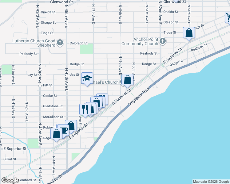 map of restaurants, bars, coffee shops, grocery stores, and more near 4815 Cooke Street in Duluth