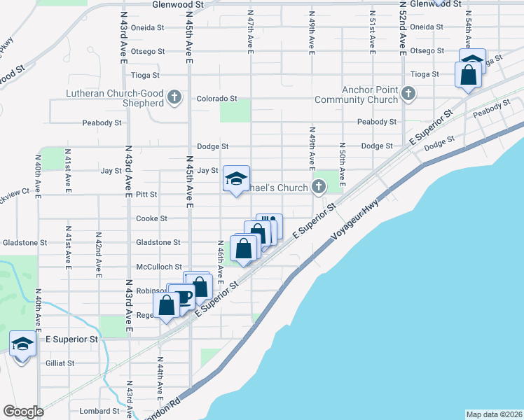 map of restaurants, bars, coffee shops, grocery stores, and more near 4721 Cooke Street in Duluth