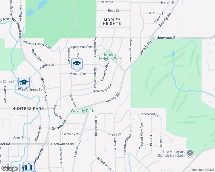 map of restaurants, bars, coffee shops, grocery stores, and more near 425 Kenilworth Avenue in Duluth