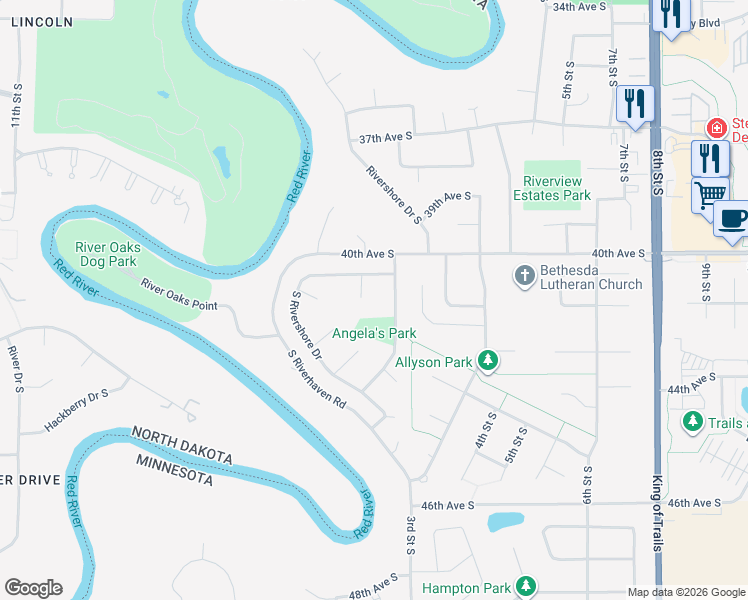map of restaurants, bars, coffee shops, grocery stores, and more near 4012 South Rivershore Drive in Moorhead