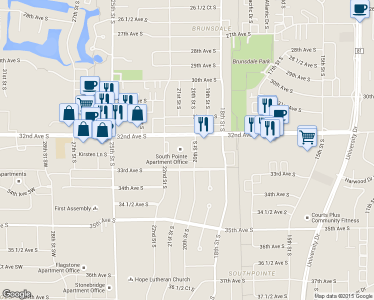 map of restaurants, bars, coffee shops, grocery stores, and more near 3266 20th Street South in Fargo