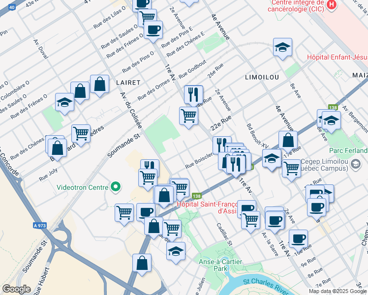 map of restaurants, bars, coffee shops, grocery stores, and more near 38 Boulevard des Alliés in Ville de Québec