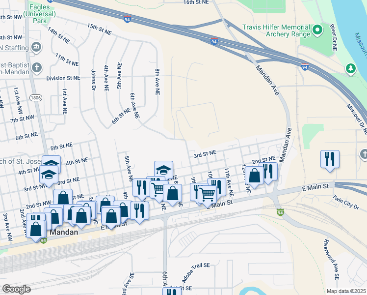 map of restaurants, bars, coffee shops, grocery stores, and more near 405 9th Avenue Northeast in Mandan