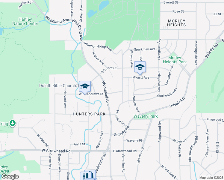 map of restaurants, bars, coffee shops, grocery stores, and more near 23 East Saint Andrews Street in Duluth